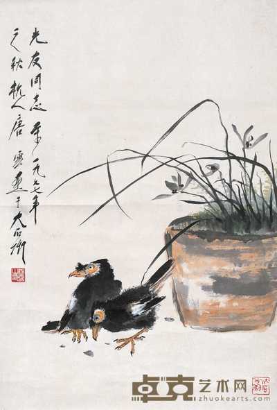 唐云 兰花八哥 立轴 70×46cm